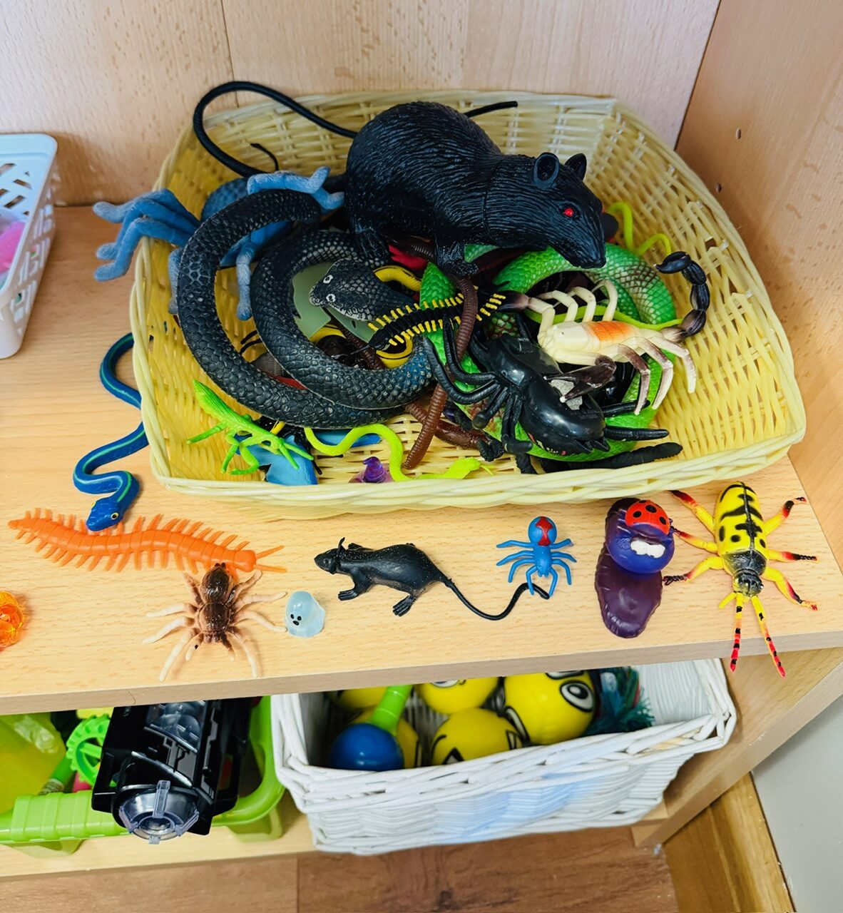 A basket of toy snakes, spiders and other creatures for expressing big feelings